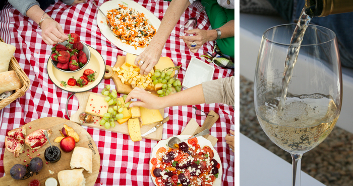 Left to right: Klein River Cheese picnic (Klein River Cheese) and a glass of white wine (Elbé van Heerden)