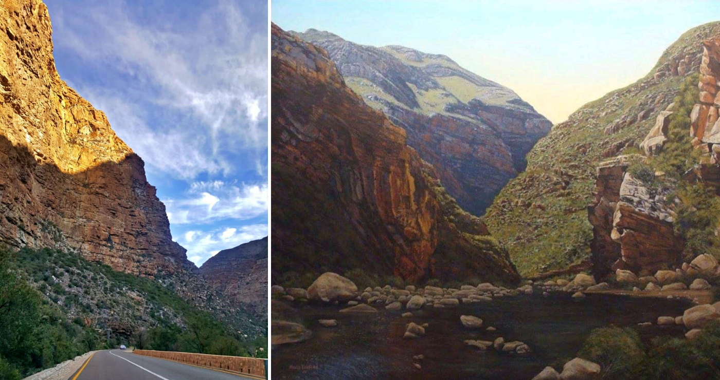 Meiringspoort in lewende lywe (links) en Tinus de Jongh se skildery daarvan (regs). Meiringspoort in lewende lywe (links) en Tinus de Jongh se skildery daarvan (regs).