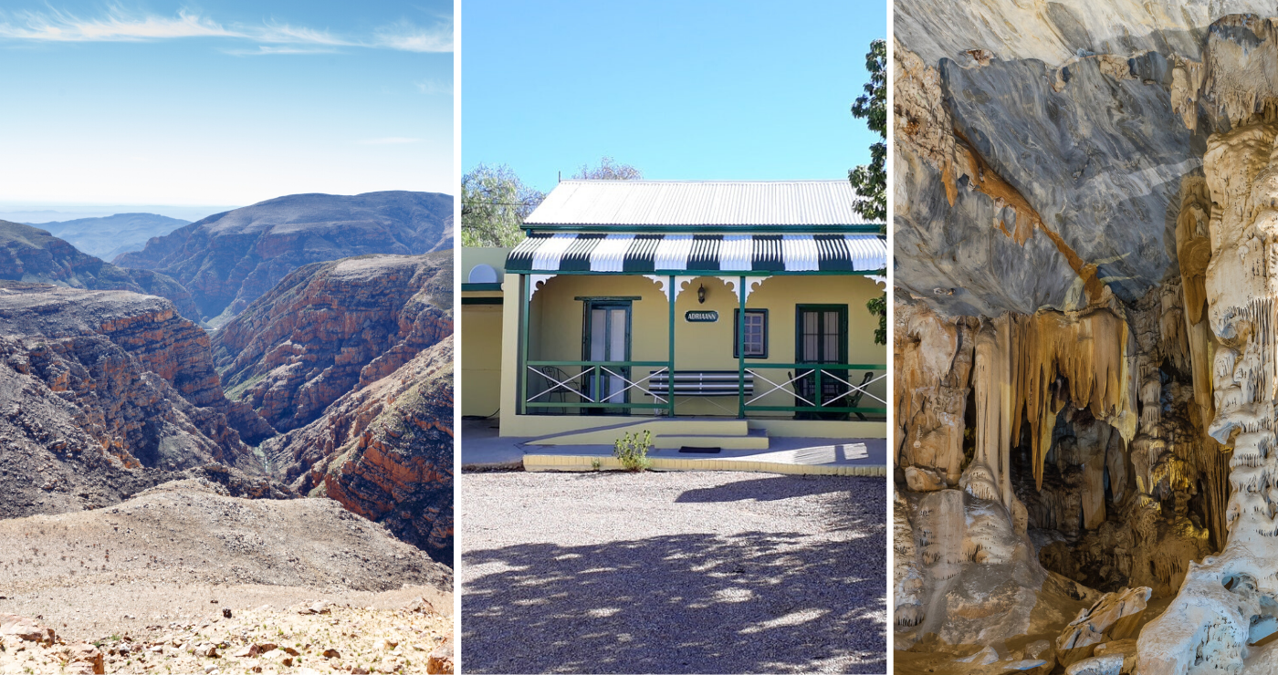 Swartbergpas (links), ’n kenmerkende Karoo-kothuis in Prins Albert (middel), die Kangogrotte (regs). Foto’s van BigStock en LekkeSlaap. Swartbergpas (links), ’n kenmerkende Karoo-kothuis in Prins Albert (middel), die Kangogrotte (regs). Foto’s van BigStock en LekkeSlaap.